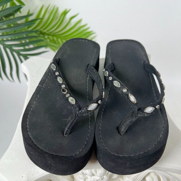 Vintage Y2K Black Rhinestone Embellished Grunge Chunky Platform Flip Flops / 6 - Picture 6 of 6